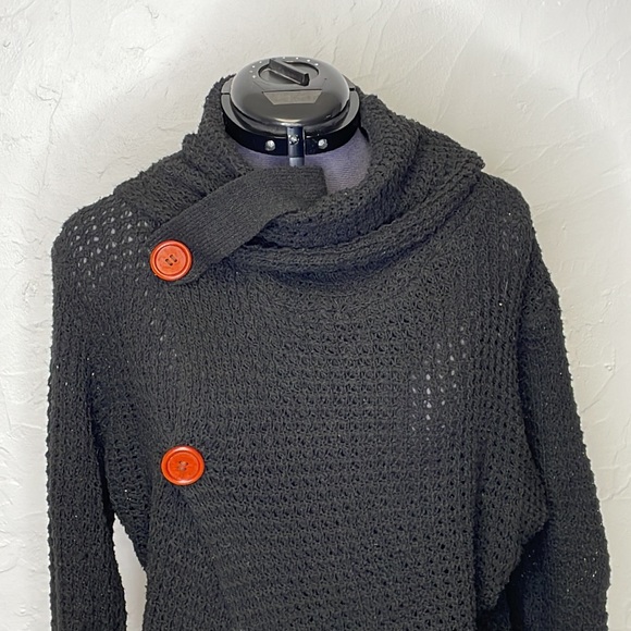 Wrap Style Black Asymmetrical Ribbed Knit Cowl Neck Sweater - Picture 5 of 10